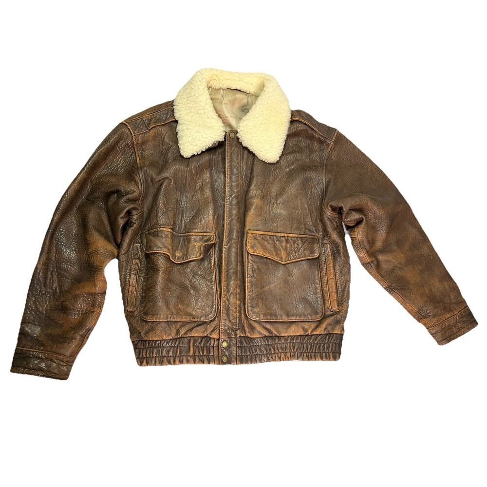 Vintage Danier Sport Large Bomber Distressed Jacket Brown Aviator Style Sz Large
